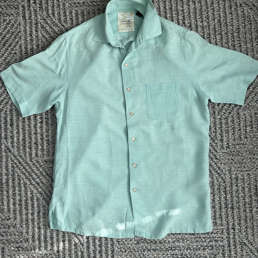 Tasso Elba Island  Shirt Mens M Silk & Linen Short Sleeve Button Up mint green